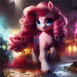 Size: 1536x1536 | Tagged: safe, derpibooru import, generator:purplesmart.ai, generator:stable diffusion, machine learning assisted, machine learning generated, pinkie pie, earth pony, pony, chest fluff, cute, diapinkes, ear fluff, ears, eyebrows, eyelashes, female, fluffy, hoof fluff, looking at you, mare, running, smiling, solo, street, unshorn fetlocks