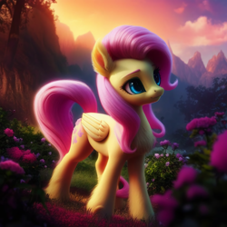 Size: 1536x1536 | Tagged: safe, derpibooru import, generator:purplesmart.ai, generator:stable diffusion, machine learning generated, fluttershy, pegasus, pony, bush, chest fluff, cloud, ear fluff, ears, female, flower, grass, hoof fluff, mare, mountain, sky, smiling, solo, standing