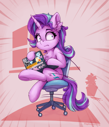 Size: 1645x1920 | Tagged: safe, artist:zeepheru_pone, derpibooru import, phyllis, starlight glimmer, pony, unicorn, annoyed, board game, chair, cheek fluff, chest fluff, computer, cup, dragon pit, ear fluff, ears, equal cutie mark, female, kite, laptop computer, looking at you, mare, meme, mug, potted plant, sitting, solo, sticker, teacup, window, wow! glimmer