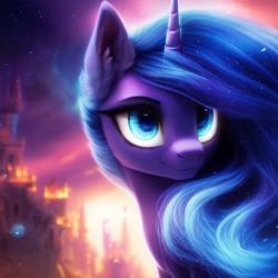 Size: 1024x1024 | Tagged: safe, derpibooru import, generator:purplesmart.ai, generator:stable diffusion, machine learning generated, princess luna, alicorn, pony, castle, ear fluff, ears, eyebrows, eyelashes, female, mare, sky, solo