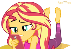 Size: 1090x718 | Tagged: safe, artist:pacoo777yuyu, derpibooru import, sunset shimmer, human, better together, equestria girls, barefoot, beautiful, cute, feet, female, phone, relaxing, sexy, simple background, soles, solo, sunset, text, transparent background, yoga