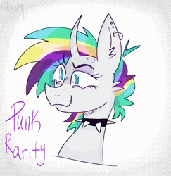 Size: 857x881 | Tagged: safe, artist:bloommoonbeam, derpibooru import, rarity, pony, unicorn, alternate hairstyle, bust, choker, punk, raripunk, simple background, solo, text, white background