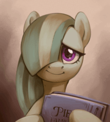 Size: 522x580 | Tagged: safe, artist:jewellier, derpibooru import, marble pie, earth pony, pony, animated, bust, gif, hair over eyes, hair over one eye, looking at you, mirrored, photo album, portrait, simple background, solo, text, unitinu, wat
