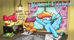 Size: 3731x2015 | Tagged: safe, artist:venseyness, derpibooru import, rainbow dash, scootaloo, sweetie belle, earth pony, pegasus, clubhouse, crusaders clubhouse, dialogue, dice, dungeon master, female, spread wings, tabletop game, wings