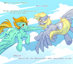 Size: 3200x2800 | Tagged: safe, artist:djkaskan, derpibooru import, derpy hooves, lightning dust, pegasus, pony, cloud, cutie mark, dialogue, duo, duo female, eyelashes, female, flying, looking at each other, looking at someone, sky, spread wings, tail, underhoof, wings