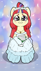 Size: 750x1300 | Tagged: safe, artist:kumakum, derpibooru import, moondancer, pony, unicorn, bouquet, clothes, cute, dancerbetes, dress, female, flower, flower in hair, glasses off, looking at you, mare, marriage, missing accessory, smiling, smiling at you, solo, wedding, wedding dress, wholesome