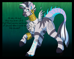 Size: 2500x2000 | Tagged: safe, artist:negasubucni, derpibooru import, zecora, oc, zebra, abstract background, dialogue, ear piercing, earring, feathered wings, female, furry to pony, high res, jewelry, non-mlp oc, paws, piercing, raised hoof, raised leg, rhyme, solo, species swap, transformation, wings