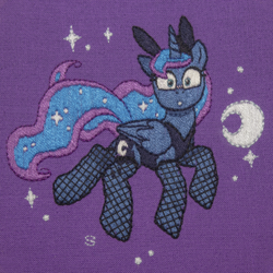 Size: 3108x3109 | Tagged: safe, artist:selenophile, derpibooru import, princess luna, alicorn, pony, blushing, bunny ears, bunny suit, clothes, embroidery, fishnets, looking at you, moon, surprised