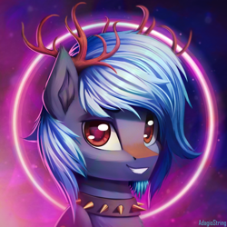 Size: 2000x2000 | Tagged: safe, artist:adagiostring, derpibooru import, deer, pony, bust, glowing, male, portrait, simple background, smiling, solo, species, stallion