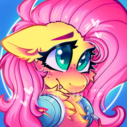 Size: 3500x3500 | Tagged: safe, artist:yumkandie, derpibooru import, fluttershy, pegasus, pony, blushing, bust, cheek fluff, chest fluff, cute, cute little fangs, ear fluff, ears, eyebrows, eyebrows visible through hair, fangs, freckles, headphones, high res, portrait, solo, watermark, wingding eyes