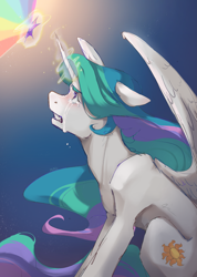 Size: 2689x3768 | Tagged: safe, artist:rladsenpai, derpibooru import, princess celestia, alicorn, pony, crying, ears back, element of magic, female, high res, implied nightmare moon, looking up, mare, sitting, solo, sternocleidomastoid
