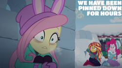 Size: 1920x1080 | Tagged: safe, derpibooru import, edit, edited screencap, editor:quoterific, screencap, fluttershy, pinkie pie, sunset shimmer, equestria girls, equestria girls series, holidays unwrapped, spoiler:eqg series (season 2), clothes, female, saving pinkie's pie, trio, trio female, winter outfit