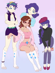 Size: 540x720 | Tagged: safe, artist:brot-art, derpibooru import, rarity, oc, oc:opacity, human, alternate hairstyle, bandage, beatnik rarity, belly button, belt, beret, brush, canon x oc, clothes, commission, duality, ear piercing, earring, elf ears, eyebrow piercing, eyes closed, female, fur coat, glasses, hat, high heels, horn, horned humanization, humanized, humanized oc, jacket, jewelry, leather, leather jacket, lesbian, lipstick, makeup, midriff, one eye closed, pants, piercing, punk, raripunk, self paradox, shirt, shoes, shorts, socks, spiked wristband, stocking feet, stockings, sweater, t-shirt, thigh highs, wink, wristband