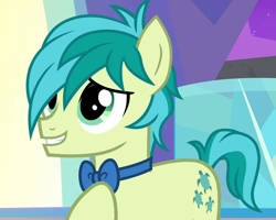 Size: 1351x1080 | Tagged: safe, derpibooru import, screencap, sandbar, earth pony, pony, season 9, she's all yak, spoiler:s09, bowtie, cropped, cute, hair over one eye, hoof on chest, male, sandabetes, smiling, solo