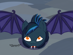 Size: 2048x1536 | Tagged: safe, artist:the crystal artist, derpibooru exclusive, derpibooru import, oc, oc only, bat pony, pony, bat pony oc, behaving like a cat, concerned, confused, crouching, dialogue, ears back, fangs, growling, lineless, looking at you, looking up, looking up at you, male, open mouth, rock, solo, spiky hair, spread wings, stallion, text, wings