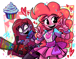 Size: 3615x2841 | Tagged: safe, artist:peargor, derpibooru import, pinkie pie, fanfic:cupcakes, equestria girls, chainsaw, clothes, cupcake, duality, female, females only, food, heart, open mouth, open smile, peace sign, pinkamena diane pie, skirt, smiling