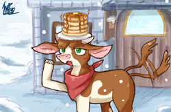 Size: 1280x840 | Tagged: safe, artist:shiroan33, derpibooru import, arizona cow, them's fightin' herds, community related, food, pancakes, snow, snowfall, solo, tail, tail wag