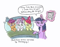 Size: 1111x883 | Tagged: safe, artist:mompuchi, derpibooru import, apple bloom, scootaloo, sweetie belle, twilight sparkle, unicorn twilight, earth pony, pegasus, pony, unicorn, bed, censored, censored vulgarity, cutie mark crusaders, dialogue, female, filly, foal, glowing, glowing horn, go the fuck to sleep, horn, magic, magic aura, mare, simple background, speech bubble, telekinesis, white background