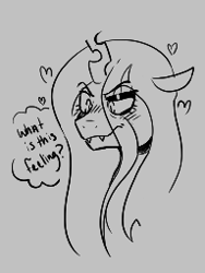 Size: 192x256 | Tagged: safe, artist:dsstoner, queen chrysalis, pony, aggie.io, blushing, changling, fangs, female, heart, implied shipping, lowres, monochrome, simple background, smiling, thought bubble