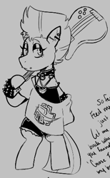 Size: 276x447 | Tagged: safe, artist:dsstoner, maud pie, earth pony, pony, aggie.io, alternate clothes, alternate hairstyle, armband, bass guitar, bipedal, choker, clothes, hoof hold, jewelry, metalhead, mohawk, musical instrument, necklace, piercing, rammstein, ripped shorts, shirt, shorts, tanktop