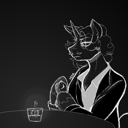 Size: 1000x1000 | Tagged: safe, artist:dsstoner, fancypants, anthro, pony, unicorn, candle, candlelight, clothes, male, monochrome, solo, stallion, stressed, suit, watch