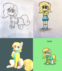 Size: 1740x1992 | Tagged: safe, artist:anonymous, artist:b-epon, derpibooru import, oc, oc:jenny, earth pony, human, pony, equestria girls, blonde, blonde hair, blonde mane, blonde tail, clothes, commission, equestria girls-ified, flats, hand on hip, humanized, pony town, scarf, shoes, skirt, smiling, socks, solo, sweater, tail