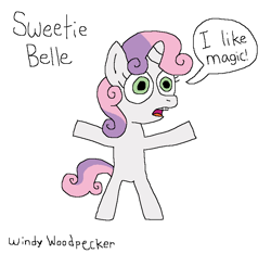 Size: 845x792 | Tagged: safe, artist:windywoodpecker, derpibooru import, sweetie belle, pony, unicorn, g4, bipedal, cute, diasweetes, female, filly, foal, how to draw, implied twilight sparkle, magic, simple background, solo, speech bubble, talking, tutorial, white background
