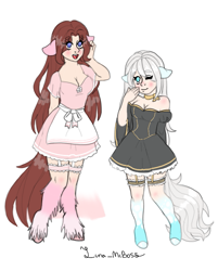 Size: 597x744 | Tagged: safe, artist:luna_mcboss, derpibooru import, oc, oc only, oc:althea, oc:yamire, human, hybrid, satyr, apron, blue eyes, blushing, clothes, dress, duo, feathered fetlocks, garter straps, garters, humanized, long hair, looking at you, one eye closed, simple background, white background, white hair, wink, winking at you