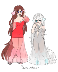 Size: 597x744 | Tagged: safe, artist:luna_mcboss, derpibooru import, oc, oc only, oc:althea, oc:yamire, human, hybrid, satyr, arm behind back, blue eyes, blushing, brown hair, clothes, dress, duo, feathered fetlocks, gown, humanized, humanized oc, jewelry, long hair, looking at you, necklace, one eye closed, simple background, white background, white hair, wink, winking at you