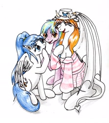 Size: 2203x2482 | Tagged: safe, artist:40kponyguy, derpibooru exclusive, derpibooru import, oc, oc:clarise, oc:flame burst, oc:vanilla, pegasus, pony, clothes, cute, derpibooru community collaboration, dress, ear fluff, ears, female, hat, looking at each other, looking at someone, looking at you, male, mare, pegasus oc, raised hoof, raised leg, simple background, stallion, traditional art, trio, white background