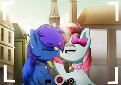 Size: 1650x1160 | Tagged: safe, artist:andaluce, artist:joaothejohn, color edit, derpibooru import, edit, oc, oc:cinnamon lightning, oc:spacer rhythmic, pegasus, pony, unicorn, bell, bell collar, city, collar, colored, cute, eiffel tower, eyes closed, female, floating heart, heart, horn, kissing, magic, male, paris, partially open wings, pegasus oc, scenery, selfie, straight, unicorn oc, unshorn fetlocks, wings