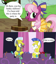 Size: 1920x2160 | Tagged: safe, derpibooru import, edit, edited screencap, screencap, cheerilee, sparkle's seven, the cart before the ponies, absurd resolution, armor, cheeriguard, cheerileeder, cheerleader, confetti, excited, female, male, royal guard, shipping, shipping domino, smiling, speech bubble, straight, streamers