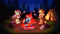 Size: 3840x2160 | Tagged: safe, alternate version, artist:confetticakez, derpibooru import, applejack, autumn blaze, fluttershy, rarity, earth pony, kirin, nirik, pegasus, pony, campfire, camping, cooked alive, cooking, eyes closed, fire, food, forest, happy, lying down, marshmallow, night, prone, rarity is a marshmallow, s'mores, smiling, spread wings, stars, tent, wings