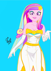 Size: 952x1316 | Tagged: safe, alternate version, artist:flutteryaylove, derpibooru exclusive, derpibooru import, edit, editor:enrique zx, dean cadance, princess cadance, human, canterlot wedding 10th anniversary, a canterlot wedding, equestria girls, g4, blue background, breasts, clothes, dress, female, horn, looking at you, princess cansdance, show accurate, simple background, smiling, veil, wedding dress, wedding veil, wings