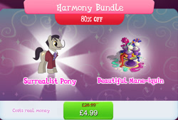 Size: 1266x858 | Tagged: safe, derpibooru import, earth pony, pony, background character, background pony, brush, bundle, clothes, costs real money, english, facial hair, flower, gameloft, male, mannequin, mobile game, moustache, my little pony: magic princess, necktie, numbers, official, saddler daily, sale, salvador dalí, scissors, solo, solo focus, stallion, text, wig