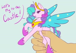 Size: 2048x1422 | Tagged: safe, artist:mscolorsplash, derpibooru import, princess celestia, alicorn, human, pony, green background, hand, let's fly to the castle, offscreen character, pinklestia, simple background, solo, toy