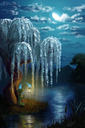 Size: 1920x2880 | Tagged: safe, artist:helmie-art, derpibooru import, pony, unicorn, ambiguous gender, cattails, cloud, green fur, lantern, moon, night, no face, reeds, reflection, sky, solo, tree, water, willow