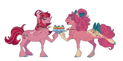 Size: 3000x1500 | Tagged: safe, artist:uunicornicc, derpibooru import, pinkie pie, oc, earth pony, pegasus, pony, fanfic:cupcakes, alternate design, bow, chest fluff, choker, cupcake, duo, earth pony oc, food, hair bow, holding, hoof hold, pegasus oc, raised hoof, raised leg, simple background, spiked choker, tail, tail bow, transparent background