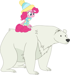 Size: 3000x3210 | Tagged: safe, artist:cloudyglow, derpibooru import, pinkie pie, bear, earth pony, pony, best gift ever, .ai available, female, mare, polar bear, ponies riding bears, riding, simple background, solo, transparent background, vector