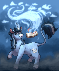 Size: 1509x1811 | Tagged: safe, artist:eonionic, derpibooru import, oc, oc:rainy morning, pony, unicorn, book, cloven hooves, curved horn, horn, leonine tail, magic, solo, tail, unicorn oc