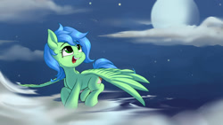 Size: 1920x1080 | Tagged: safe, artist:cxynbl, derpibooru import, oc, oc only, oc:snowfall night, pegasus, pony, flying, full moon, moon, night, night sky, pegasus oc, sky, solo