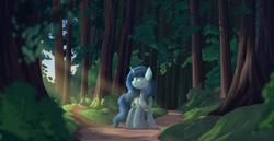 Size: 3713x1911 | Tagged: artist needed, source needed, safe, derpibooru import, oc, oc only, oc:snowfall night, pony, unicorn, crepuscular rays, forest, horn, path, scenery, solo, unicorn oc