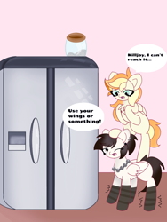 Size: 1080x1440 | Tagged: safe, artist:sodapop sprays, derpibooru import, oc, oc only, oc:killjoy, oc:sodapop sprays, pegasus, pony, clothes, cookie, cookie jar, female, food, mare, pegasus oc, refrigerator, socks, speech bubble, standing, standing on one leg, striped socks, text, worried