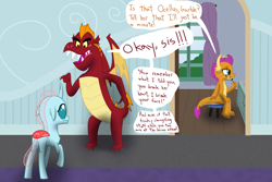 Size: 1500x1000 | Tagged: safe, artist:mightyshockwave, derpibooru import, garble, ocellus, smolder, changedling, changeling, dragon, dialogue, dragoness, female, lesbian, makeup, male, mare, school of friendship, shipping, smolcellus, trio