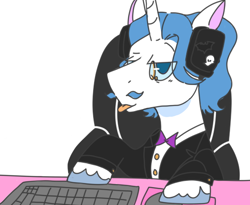 Size: 550x450 | Tagged: safe, artist:dsstoner, fancypants, pony, unicorn, clothes, headphones, keyboard, male, monocle, simple background, solo, suit, tongue, tongue out, white background