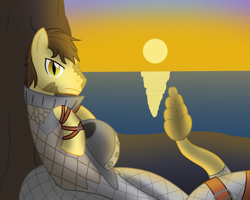 Size: 1250x1000 | Tagged: safe, artist:mightyshockwave, derpibooru import, oc, oc only, oc:copper belly, lamia, original species, armor, cliff, helmet, looking at you, ocean, slit eyes, sunset, water