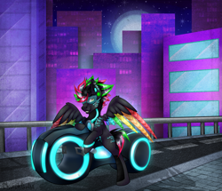 Size: 3297x2830 | Tagged: safe, artist:chvrchgrim, derpibooru import, oc, oc only, oc:krypt, cyborg, pegasus, city, cityscape, colored wings, cyberpunk, detailed background, futuristic, grin, lightcycle, motorcycle, multicolored hair, multicolored wings, neon, night, night sky, pegasus oc, piercing, road, sky, smiling, solo, spread wings, tron, tron legacy, visor, wings