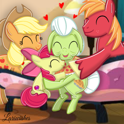 Size: 1300x1300 | Tagged: safe, artist:mlplary6, derpibooru import, apple bloom, applejack, big macintosh, granny smith, earth pony, pony, apple family, eyes closed, family, female, filly, foal, grandmother and grandchild, heart, hug, male, mare, older, siblings, sitting, smiling, stallion