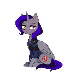 Size: 1817x1965 | Tagged: safe, artist:okity, derpibooru import, oc, oc only, oc:dinky moon, alicorn, alicorn oc, armor, clothes, female, golden eyes, gray, heterochromia, horn, mare, military uniform, purple eyes, purple hair, security armor, simple background, solo, transparent background, uniform, wings