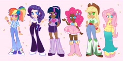 Size: 4096x2048 | Tagged: safe, artist:softpinkpony, derpibooru import, applejack, fluttershy, pinkie pie, rainbow dash, rarity, twilight sparkle, human, equestria girls, boots, clothes, cutie mark on clothes, dark skin, denim, dress, ear piercing, earring, frilly dress, human coloration, humane five, humane six, humanized, jeans, jewelry, light skin, pants, piercing, pink background, shoes, simple background, skirt, sneakers, sweater, tan skin